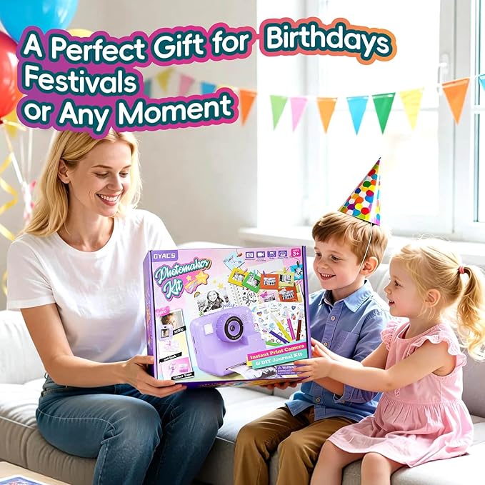 Kids Instant Print Camera, 1080P Selfie Video Camera with DIY Journal Kit – 200+ Accessories, Christmas & Birthday Gifts for Girls & Boys Ages 3-12 (Purple)