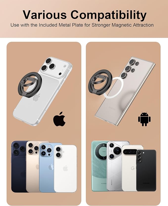 MagSafe Phone Ring Holder Grip for iPhone, Dual-Sided Magnetic Ring Stand Grip for iPhone 17 16 15 14 13 12, 360° Rotation MagSafe Phone Stand Magnetic Kickstand Finger Loop Holder for Desk, Car Mount
