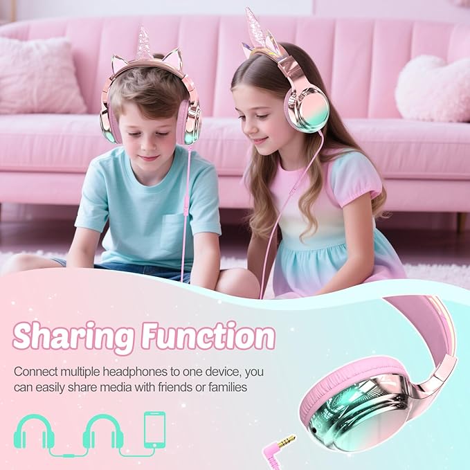 QearFun Kids Unicorn Headphones with USB C for Girls with Microphone, 85/94dB Safe Volume Limiter, Tangle-Free Cord, Share Port, Foldable Sparkly Wired Headset for School, Travel, Tablet, iPad