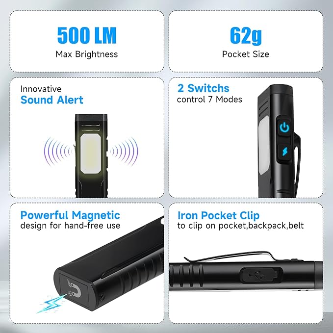 Rechargeable EDC Flashlight with Sound Beeper, Portable Flat Pocket Flashlights, Small Magnetic Flashlight, 7 Mode Side Light Clip On Handheld Flashlight for Outdoor Home Working, Black