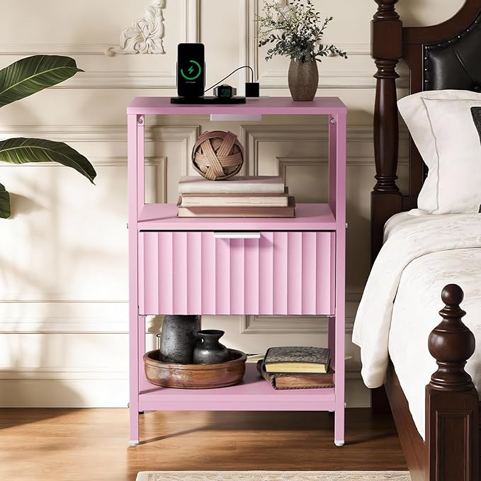 Bonnlo Fluted Nightstand Set of 2, End Table with Fabric Drawer with Charging Station, Night Stand with Storage Shelf & Handle, Fluted Side Table for Bedroom/Living Room,Pink
