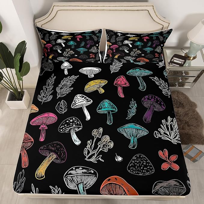 Erosebridal Mushroom Bed Sheets Set Kids Sheet Set Queen Size, Colorful Mushroom Decor Sheets Boho Exotic Mushroom Fitted Sheet for Boys Girls Women Bohemian Plants Mushroom Flat Sheet 4 Pcs