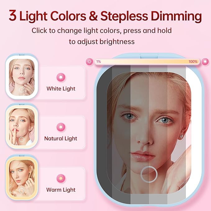 Benbilry Lighted Compact Travel Mirror with 3 Color Lights, 1X/3X Magnifying Ultra Slim Rechargeable Pocket Mirror for Purse, 2-Sided, Handheld, Folding, Portable, Blue