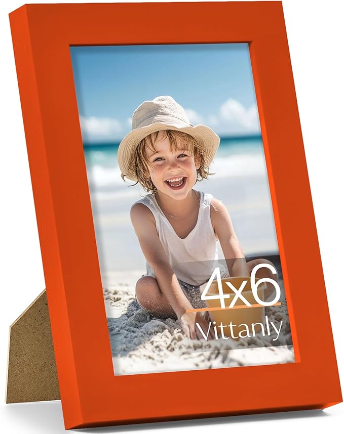 Vittanly 4x6 Picture Frame, Made of Solid Wood and Shatterproof Plexiglass, Wooden Photo Frame for Wall Mounting or Tabletop Display, Picture Frame for Home Decor with Stand, Orange, 1 Pack