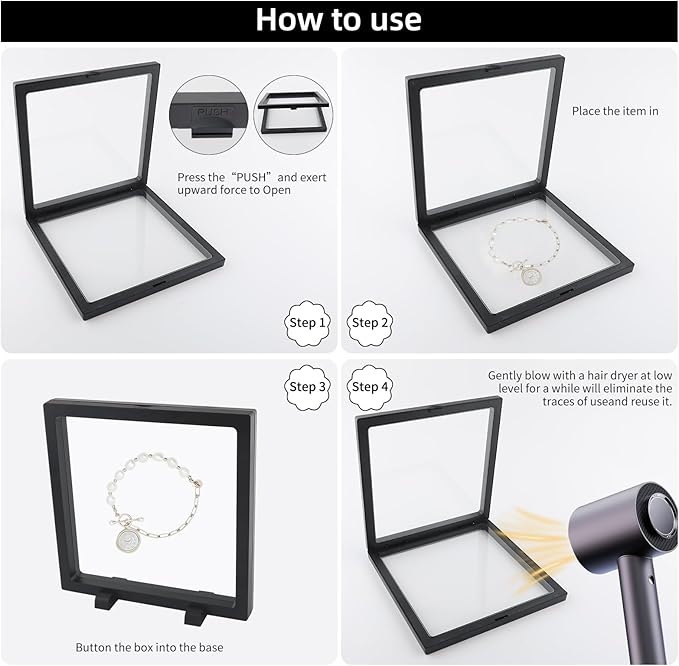 10 Pcs Floating Frame Case with Stands 7x7x0.8 in, Black Challenge Coin Display,Transparent PE Jewelry Storage Box, Floating Display Holder Stands for Antique Challenge Coins Medallion Fossil Specimen
