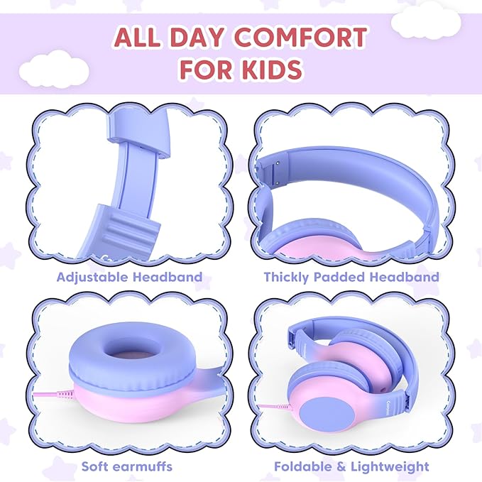 USB C Headphones Wired, Kids Headphones for School, Over Ear USB C Wired Headphone with Microphone, 85/94dB Volume Limit, USB Type C Headphone for Boys/Girls/School/Travel, Purple Gradient