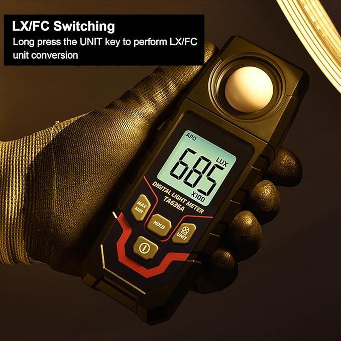 TA636A Digital Illuminance Meter Handheld Probe Luxmeter Lighting Intensity Brightness Light Tester 200000LX 20000FC 50 Sets 1‑60s Recording