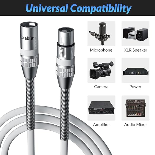 XLR Microphone Cable 1 FT, XLR Male to Female Balanced Mic Cable, 3-Pin Shielded Speaker Cord, Zinc Alloy Connectors, 22AWG Pure Copper, Metal Spring SR, Recording Studio, Podcast, White