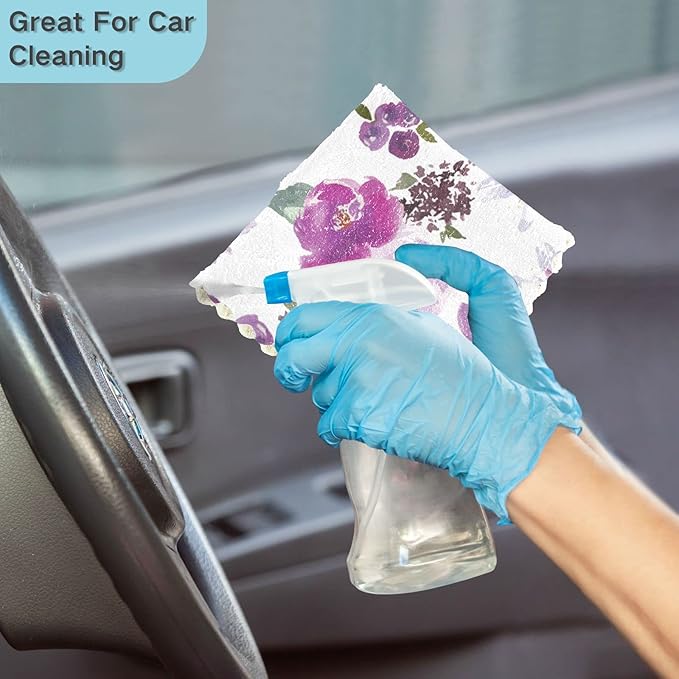 CaTaKu Purple Flower Microfiber Reusable Cleaning Cloths Kitchen Dish Cloths Dish Rags for Washing Dishes, Watercolor Rose Dish Towels Washcloths for Kitchen Drying, 6 Pack