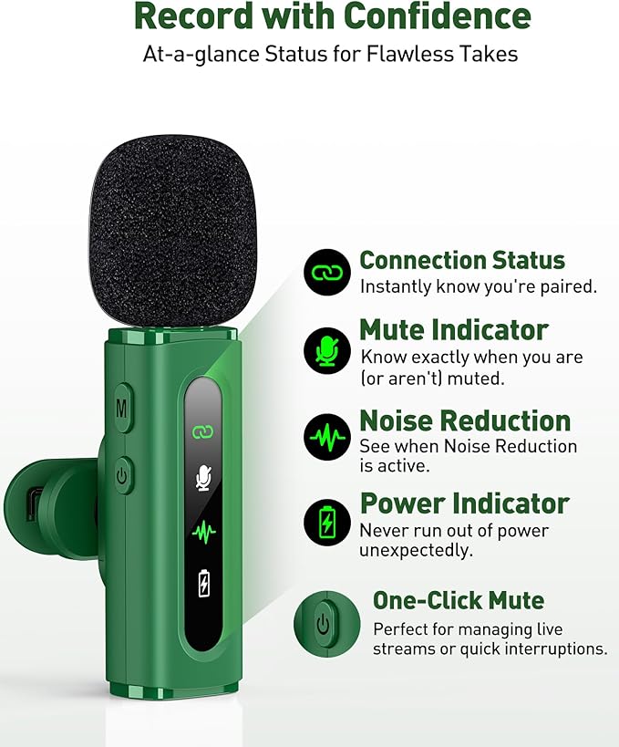 USB C Lavalier Microphone Wireless Mini Mic for Type-C Android Phone/Tablet/PC Video Recording Clip-on Mics with Rotatable Clip&Denoise Recording, Ideal for Vlog Tiktok Youtube Content Creator, Green