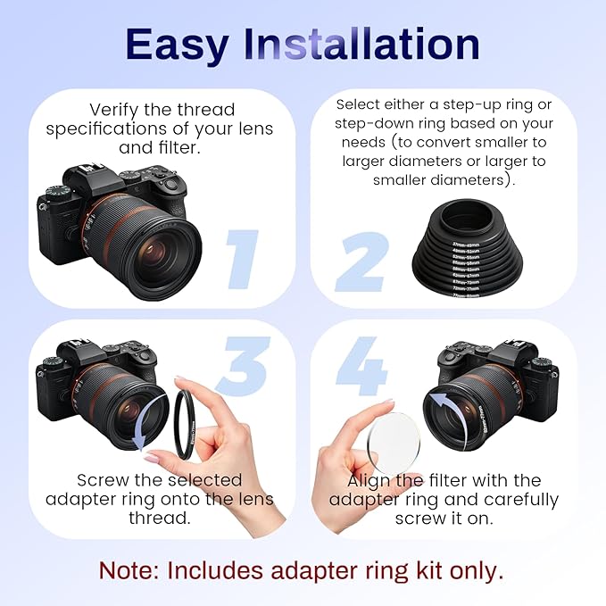 18 PCS Lens Filter Adapter Ring Set, Metal Step Up/Down Ring Adapter Filter Stepping Rings 37 49 52 55 58 62 67 72 77 82mm for DSLR/Digital Cameras & UV/CPL/ND Filters