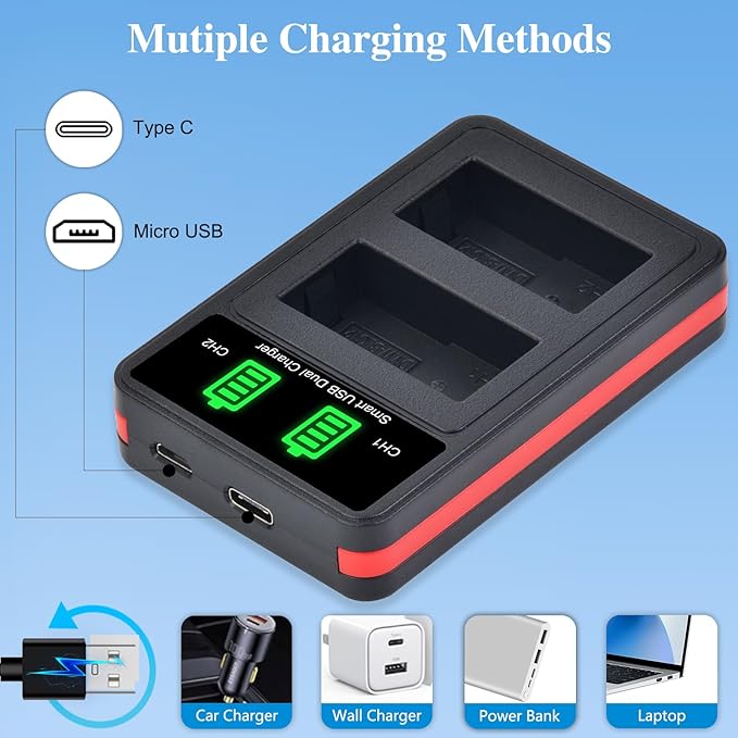 Pickle Power DMW-BLC12 DMW-BLC12PP Battery 2 Pack and Charger for Panasonic Lumix G7 G85 DMC-FZ1000,DC-FZ1000 II, DMC-FZ300, DMC-GH2, DMC-G5, DMC-G6, DMC-GX8, DMC-FZ200, DMC-FZ2500 Cameras