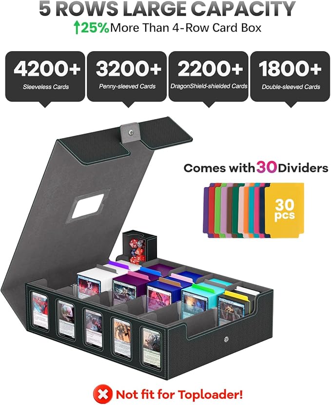Trading Card Storage Box Gomyrod, 5-Row Card Case with Commander Display & Portable Handle, 4200+ MTG Deck Box Compatible for MTG/TCG/Magic Cards, 30 Colorful Divider, 8 Card Supporters (Black & Grey)