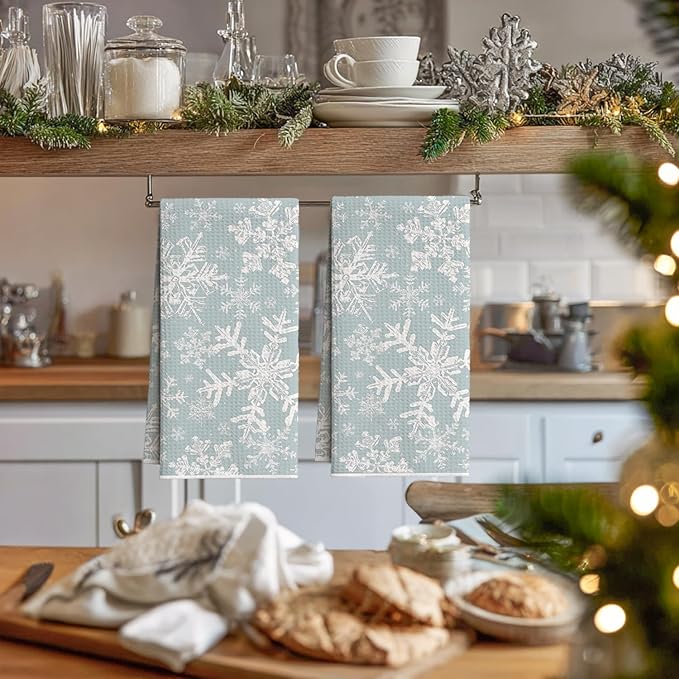 Artoid Mode Aqua Snowflakes Winter Bar Kitchen Towels, 12x24 Inch Quick Dry Microfiber Cloth Dish Towels for Kitchen Drying Set of 2