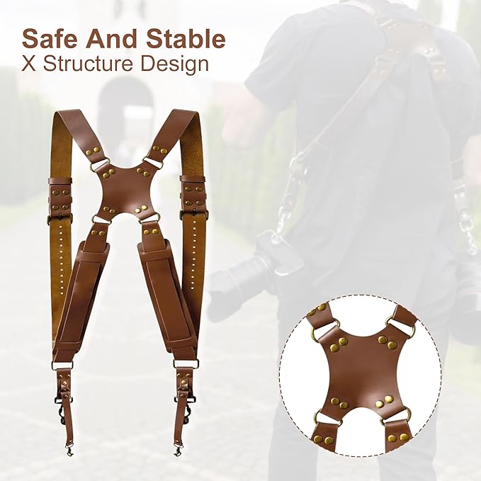 Double Camera Strap, Shoulder Camera Strap Harness Leather Dual Camera Strap for Two DSLR/SLR Cameras, Adjustable
