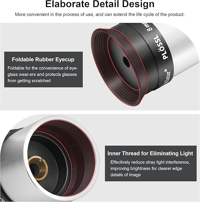 Alstar 1.25 Inch Plossl Telescope Eyepiece - 8mm Fully Multicoated Optical Lens for 1.25inch Astronomic Telescope and Astronomy Filters - 4 Element Plossl Design