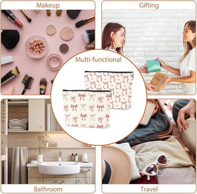 2PCS Pink Bow Makeup Bag, Coquette Preppy Bow Cosmetic Bags Gifts for Women Girls Pink Trendy Toiletry Bag Best Birthday Christmas Gifts for Girls Women Sister Travel Cosmetic Bag