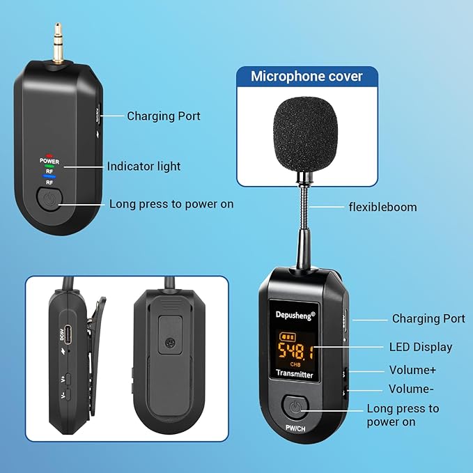 Depusheng 2.4G Wireless Microphone Headset,Lavalier and Handheld Mic 160ft Range,with 1/8''&1/4'' Plug for PA System,Voice Amplifier (One lavalier Microphone)