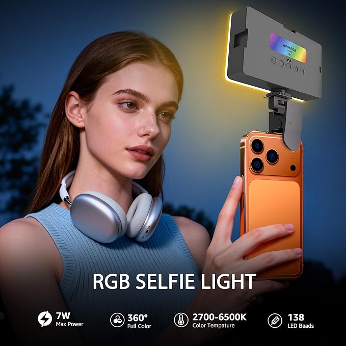 NiceVeedi RGB Selfie Light, 138 LED Beads Phone Light, 360° Full Color Camera Light with Clip and Cold Shoe, CRI95+/180 Minutes Rechargeable Video Light for Video Recording/iPhone/TikTok/Makeup/Zoom
