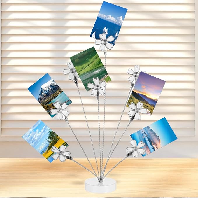 8 Branch Photo Tree Clip, Flexible Photo Frame Stand with Clips for Note Paper Wedding Photo Display Office Decoration (White)