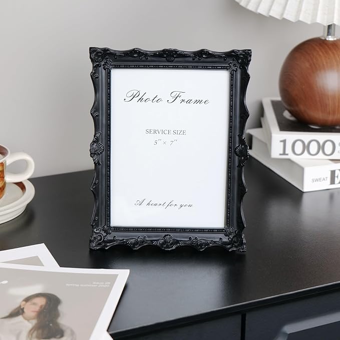 Cuspin 5x7 Picture Frame Black, Gothic Frames Handcrafted Resin Photo Frame with Exquisite Carved Details & Glass Front, Vintage Antique Design for Wall Hanging or Tabletop Display, Home Decor