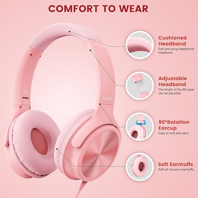 USB C Headphones Wired, Over Ear USB C Wired Headphones with Microphone, Volume Control, HD Stereo Sound, Foldable USB Type C Headphone for Adult/Teens/Laptop/Computer/iPhone 15/16/17, Pink