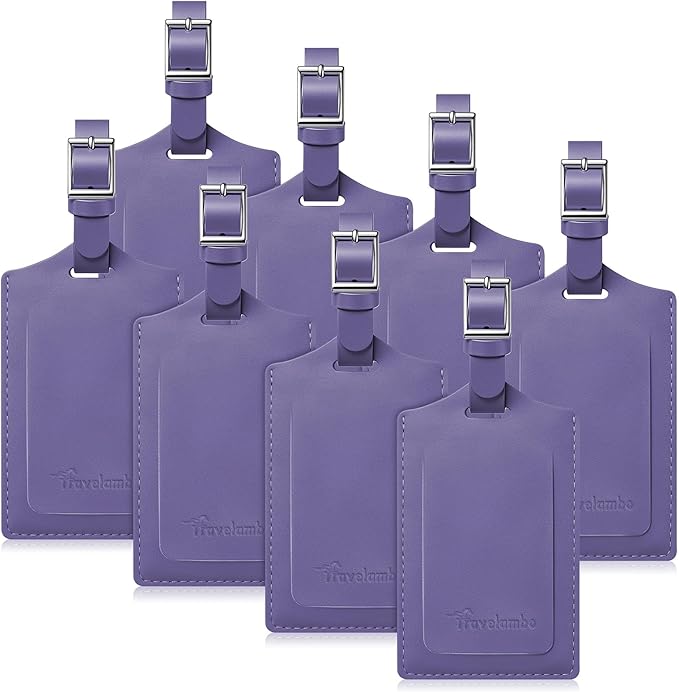 Travelambo 8 Pack Luggage Tags Faux Leather for Suitcases Travel Bag Labels Travel Accessories Essential with Protection Cover ID (Purple)