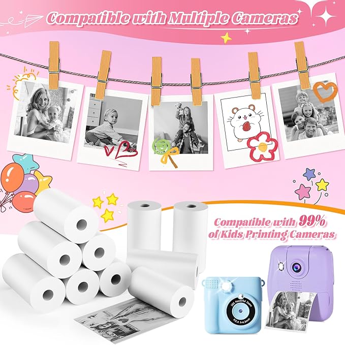 10 Rolls Kids Camera Paper Roll Refill - HD kids camera instant print paper, 55x25mm Print 180 Sheets with Cute Stickers, Scratch-Resistant, BPA Free, Suitable for 99% of Instant Print Camera for Kids