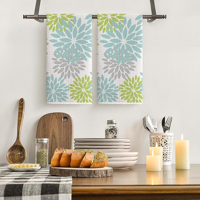Artoid Mode Light Blue Dahlia Floral Bar Kitchen Towels, 12x24 Inch Quick Dry Microfiber Cloth Dish Towels for Kitchen Drying Set of 2