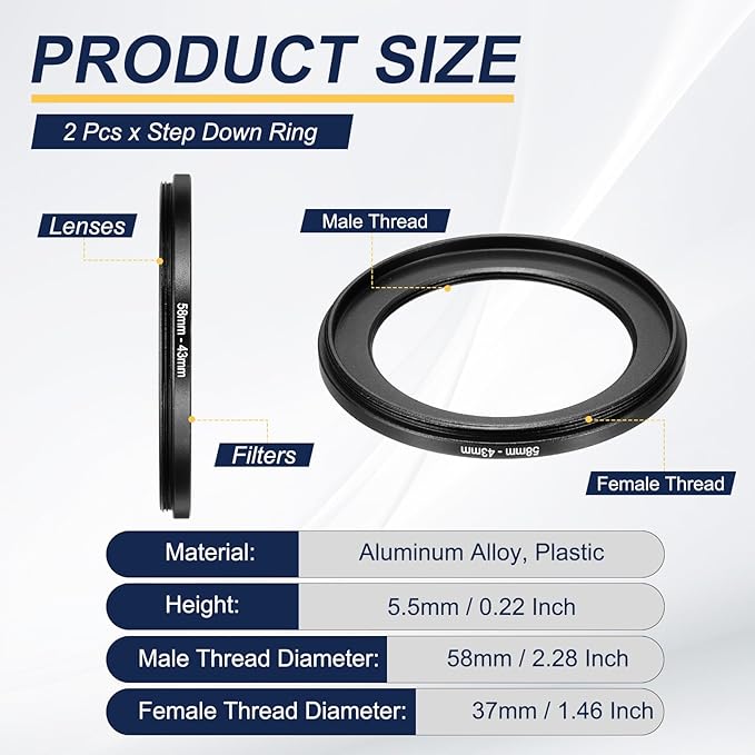PATIKIL Step Down Ring Adapter 58mm to 43mm, 2 Pcs Filter Step-Down Rings Camera Lens Filters Metal Ring Digital for ND IR DSLR Lenses, Black