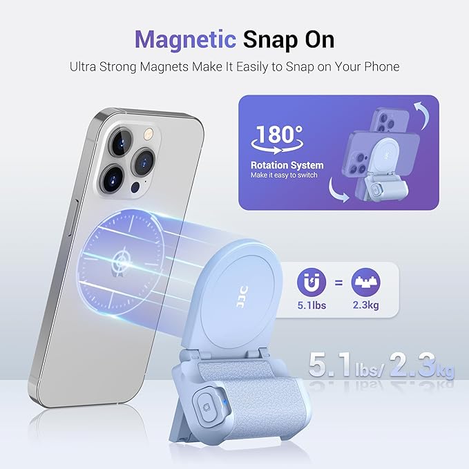 JJC Magnetic Phone Camera Grip Handle with Wireless Shutter Remote, Magsafe Camera Handle Bluetooth Bracket for iPhone Android Smartphone with 1/4” Tripod Screw for Video Photo Shooting (Blue)