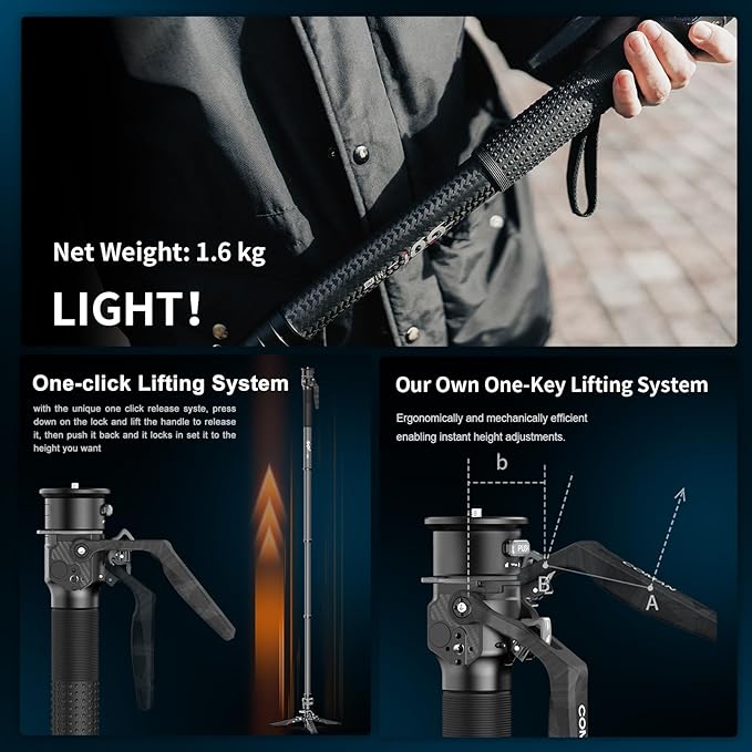 COMAN One-Click Lifting Carbon Fiber Monopod, M1 Pro Camera Monopod with Feet, 65'' Lightweight Travel Tripod with Quick Release Foot Lock for Camera, DSLR, Camcorder, Max Load 44lbs / 20kg (M1Pro)