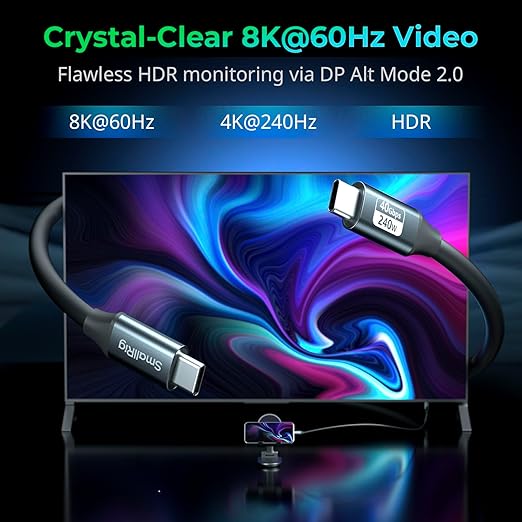 SMALLRIG USB4 40Gbps USB-C Cable, 240W Fast Charging & 8K@60Hz Video & 40Gbps Data Transfer, 35cm/13.8in Straight to Straight Connectors with Cable Tie, for MacBook for iPad Pro for iPhone - 5073