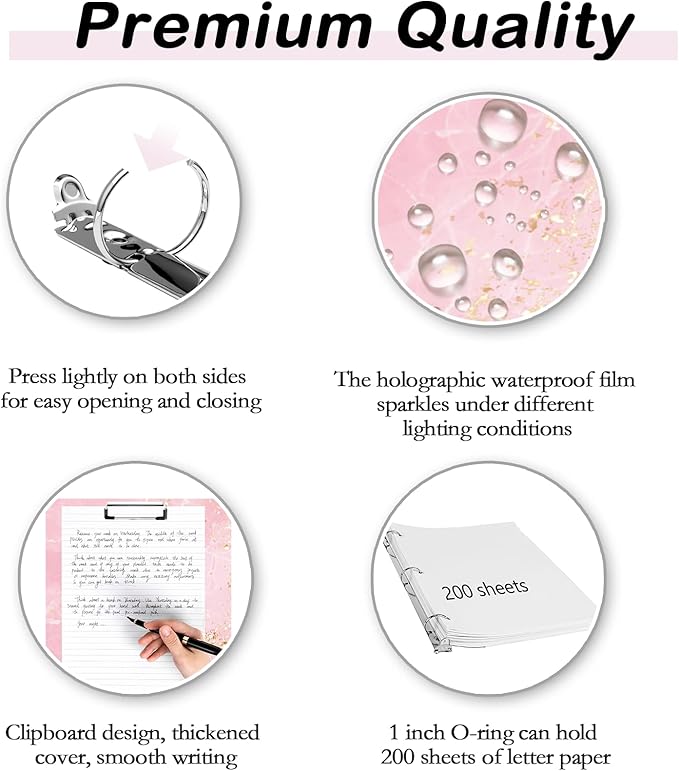 Etzul 3 Ring Binder 1 inch with Clipboard - Pink & Gold Marble Design, Includes Dividers, File Bag & Spine Label - Stylish and Durable for Everyday Use, Holographic Waterproof Film