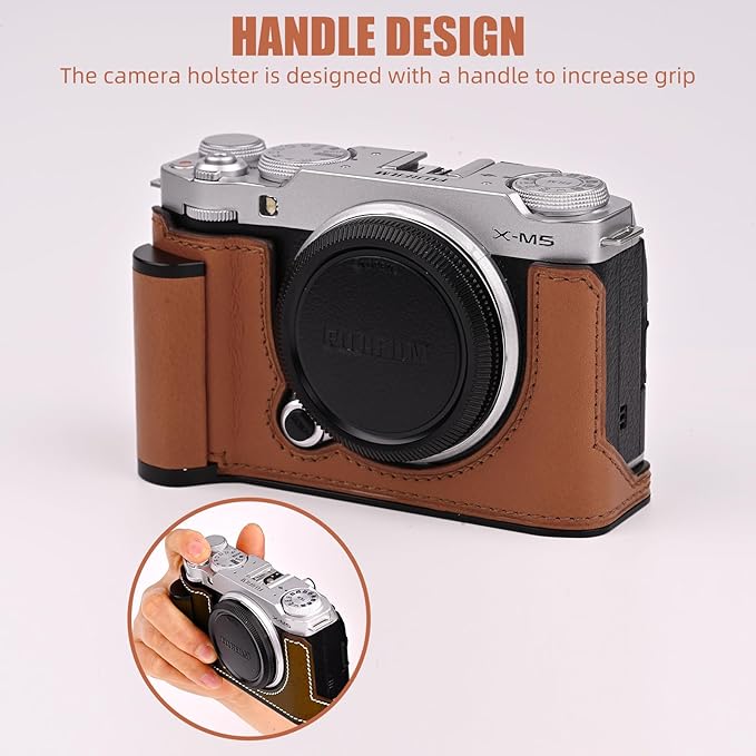 Uchandmade Handmade Genuine Leather Camera Half Case for Fujifilm X-M5/Fujifilm X-M5 Camera Case/Fujifilm X-M5 Case - Top Layer Cowhide Body + Metal Base Plate+ Hand Shank Design (Brown M-BOX)