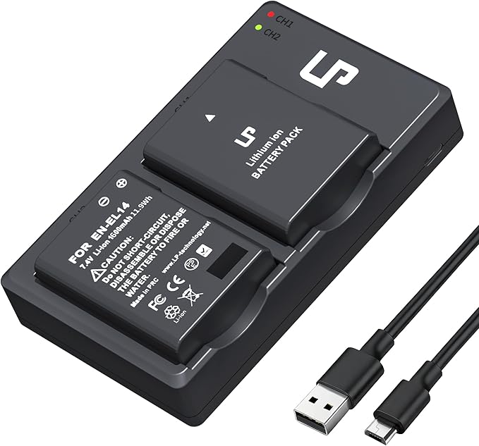 LP EN-EL14 EN EL14a Battery Charger Pack, 2-Pack 1600mAh Battery & Dual Slot Charger, Compatible with Nikon D3100 D3200 D3300 D3400 D3500 D5100 D5200 D5300 D5500 D5600 DF P7000 P7100 P7700 P7800