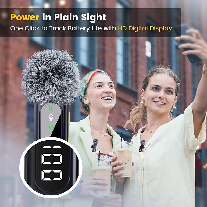 Wireless Lavalier Microphone with Digital Battery Display 360° Omnidirectional Noise Cancelling 100FT Range Rotatable Clip for iPhone 15/16 Android PC iPad Tablet