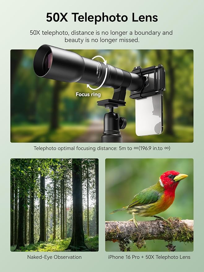 MIAO LAB 50X HD Ultra Telephoto Lens for iPhone and Most Smartphone, with Tripod & Universal Phone Clip, Suitable for Indoor and Outdoor Shooting and Watch Concert, Moon Viewing