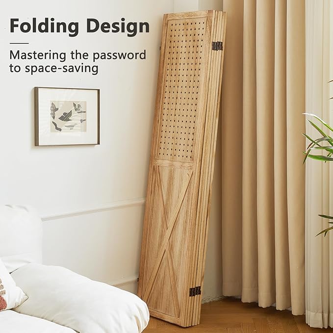 6 Panel Pegboard Room Divider, 5.6Ft Pegboard Display Folding Privacy Screens, Wood Room Divider Peg Board Display Freestanding for Trade Show Craft Show Home Wall Organizer, Light Brown