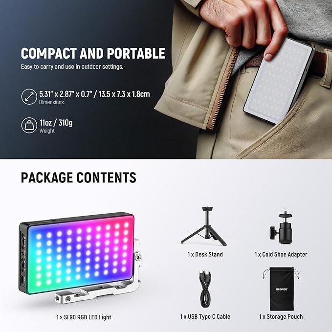 NEEWER 12W RGB Video Light, On Camera LED Panel Key Lighting for Streaming Selfie, 2500K-10000K CRI97+ App/2.4G Control 4300mAh Battery Desk Tripod Stand for Vlogging Video Recording Podcast, SL90