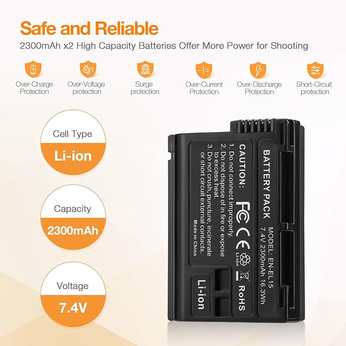 LORDONE EN-EL15C Battery (2-Pack) / EL15a /EL15b and USB Dual Charger Compatible with Nikon Z5,Z5II,Z6III,Z6II, Z6,Z7, Z8, D7500, D500, D7200, D810A,D810,D850 Batteries