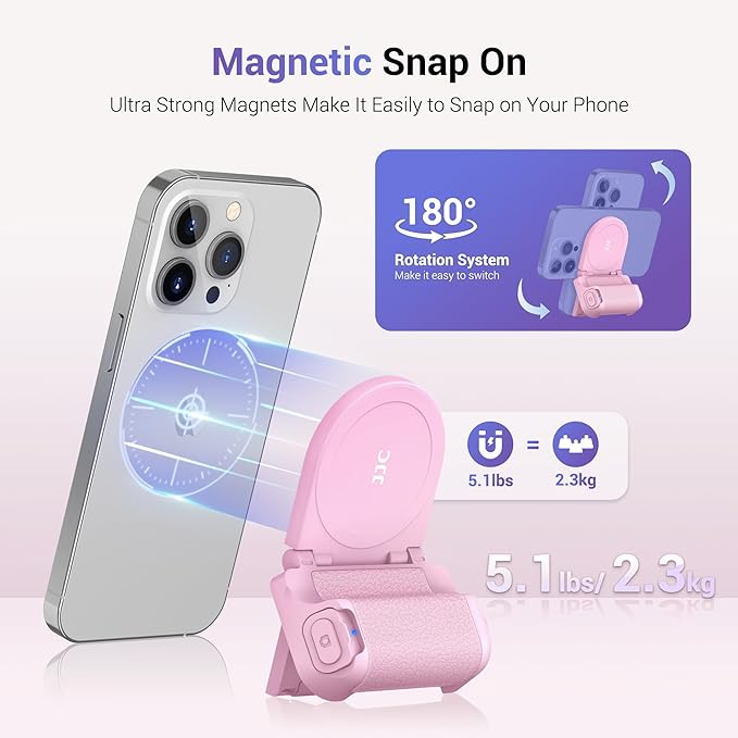 JJC Magnetic Phone Camera Grip Handle with Wireless Shutter Remote, Magsafe Camera Handle Bluetooth Bracket for iPhone Android Smartphone with 1/4” Tripod Screw for Video Photo Shooting (Pink)