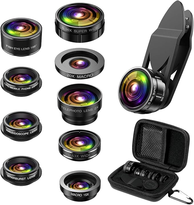 Phone Camera Lens, 9 in 1 Lens Kit, Zoom Lens, 0.36X Wide Angle Lens, 0.63X Wide Lens, 15X Macro Lens, 20X Macro Lens, Fisheye Lens, CPL and Starburst Lens Telephoto Lens for Smartphone