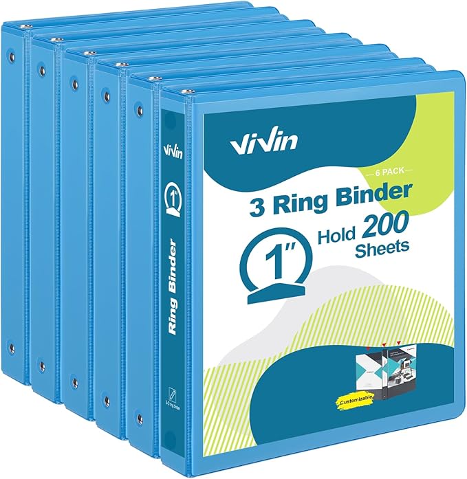 ViVin 1 Inch Round Ring View Binder for Durability, Standard 3 Ring Binder for 200 Sheets of US Letter Size Paper, PVC-Free, 6-Pack (Light Blue)