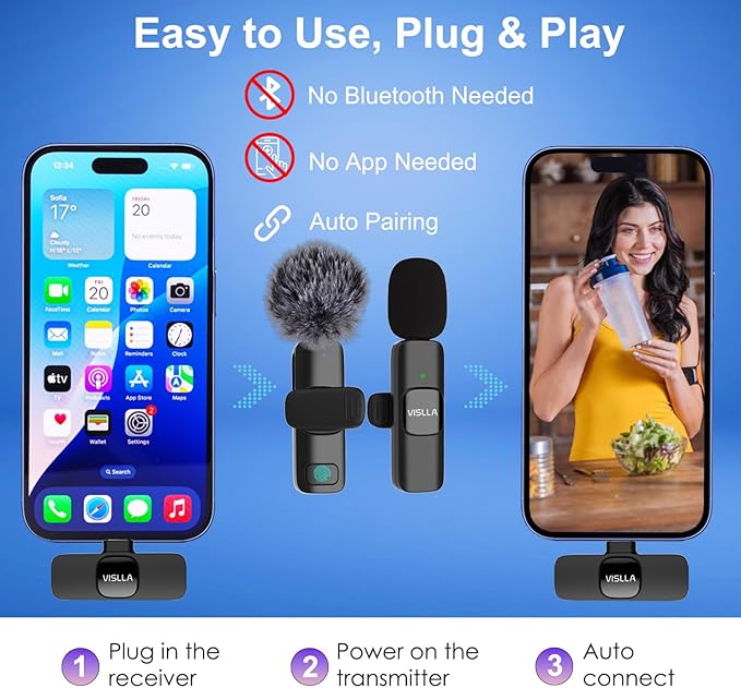 Vislla Mini Microphone for iPhone & Android,11H Battery, Noise Cancelling Wireless Lavalier Mic, Clip On Lapel Mic Pro for Content Creator Vlogging/YouTube/Tiktok/Video Recording/Streaming/Interview