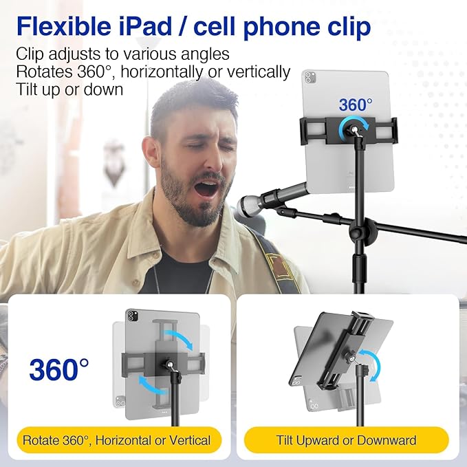 Boom Mic Stand, Microphone Holder Floor with Tablet Phone Support, Heavy Duty Tripod Adjustable Height and Angle 35-65 Inch With Portable Bag for Singing Karaoke Stage