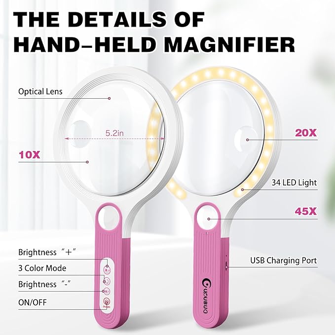 GUOUBUO Rechargeable Large 5.2'' Magnifying Glass with Light, 10X 20X 45X Handheld Magnifying Glasses for Reading, 3 Lighted Modes Non-Slip Handle Magnifier for Seniors Close Work Coins Jewelry Hobby