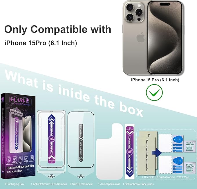 SHANG PIN JIA 2 Pack Screen Protector Tempered Glass for iPhone 15 Pro 6.1-Inch Auto Dust Removal, No Bubbles, High Definition Clear, Easy Installation