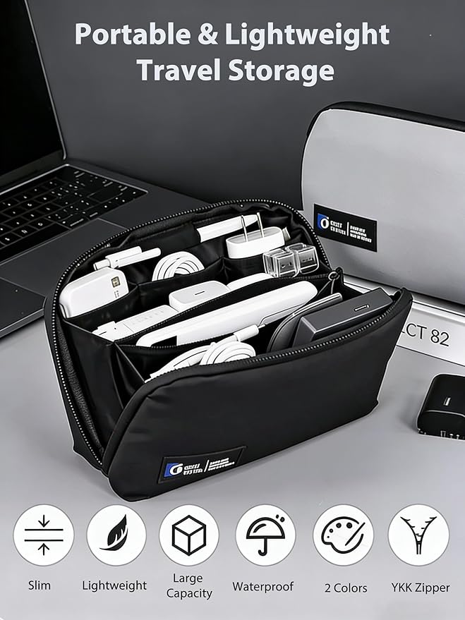 Travel Tech Pouch, Electronics Organizer Travel Case, Waterproof Cord Case for Phone, Charger, Hard Disk, Power Bank, Airplane Travel Essentials Bag, Accessories (Grey)
