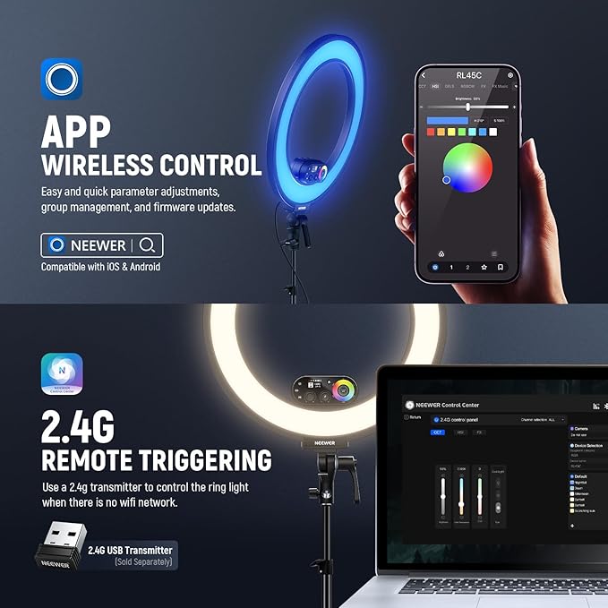 NEEWER RL45C 18" Edge Lit 45W RGB LED Ring Light with Phone Tripod Stand Remote CRI95+ 3100lux/0.5m 2500K–10000K 360° Full Colors App/2.4G Control Compatible with iPhone Selfie Makeup Video Recording